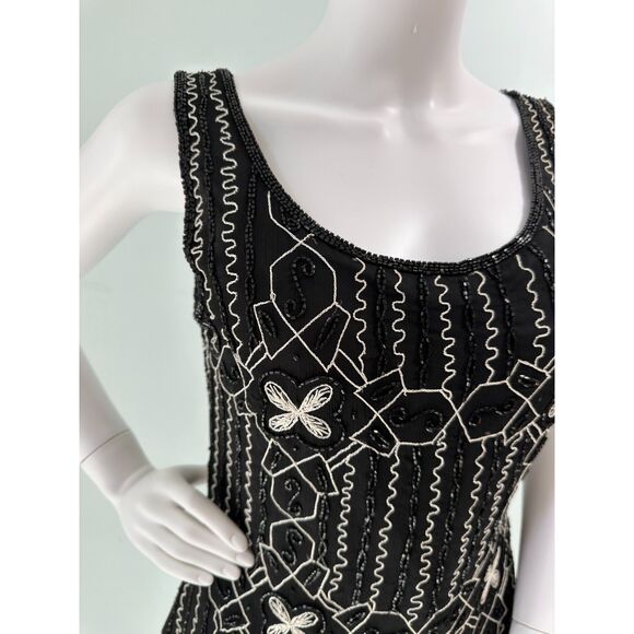 Vintage Laurence Kazar Black Beaded Art Deco Style Silk Cocktail Dress size L - Picture 5 of 12
